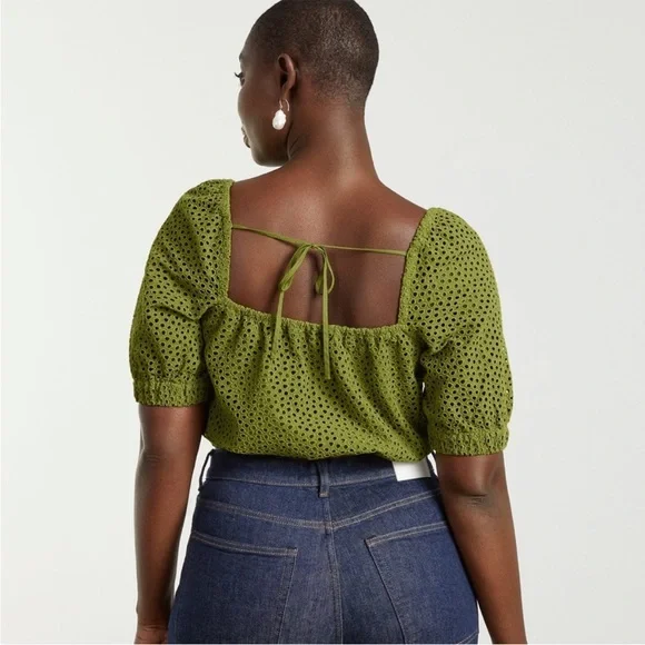Everlane the eyelet puff sleeve top green pistachio small - Picture 2 of 10
